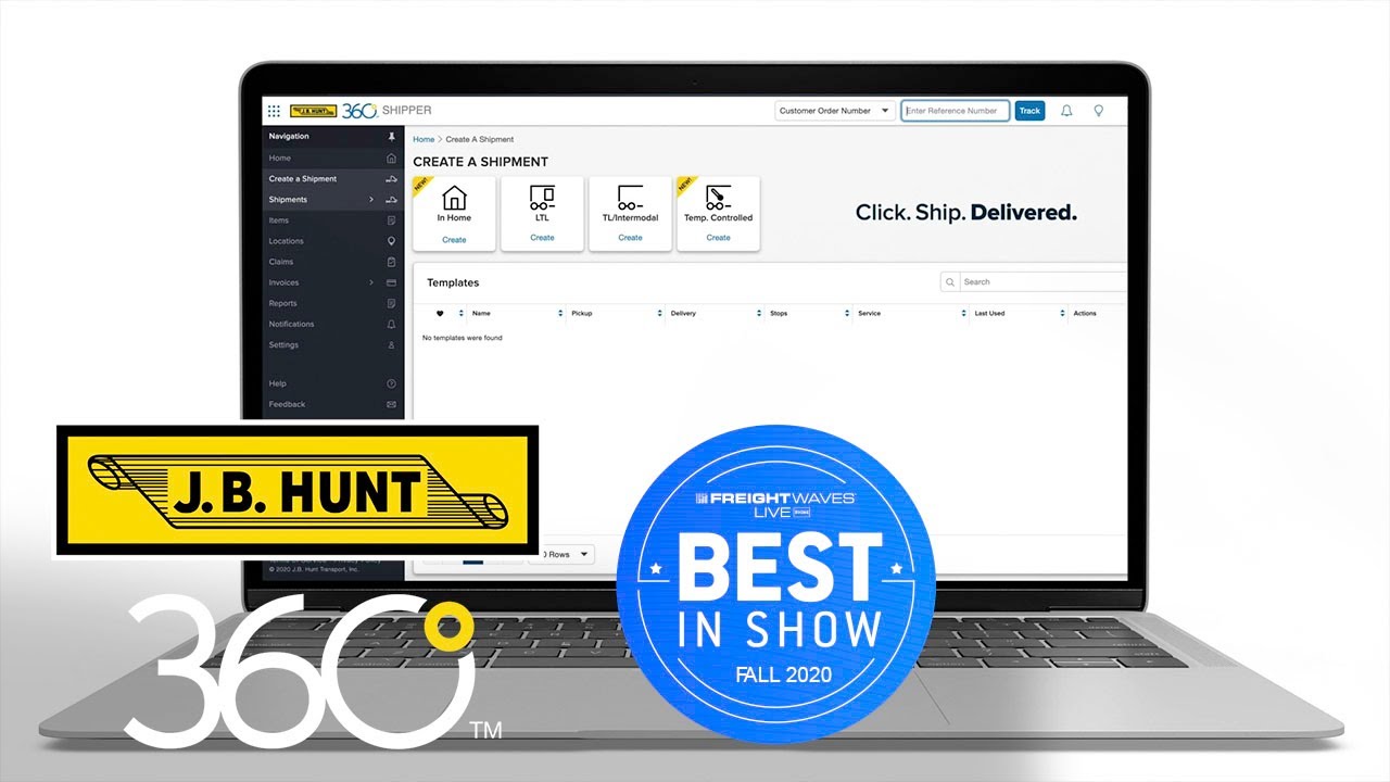 Original Shipper 360 demo artwork featuring the product interface and Fall 2020 FreightWaves Best in Show branding