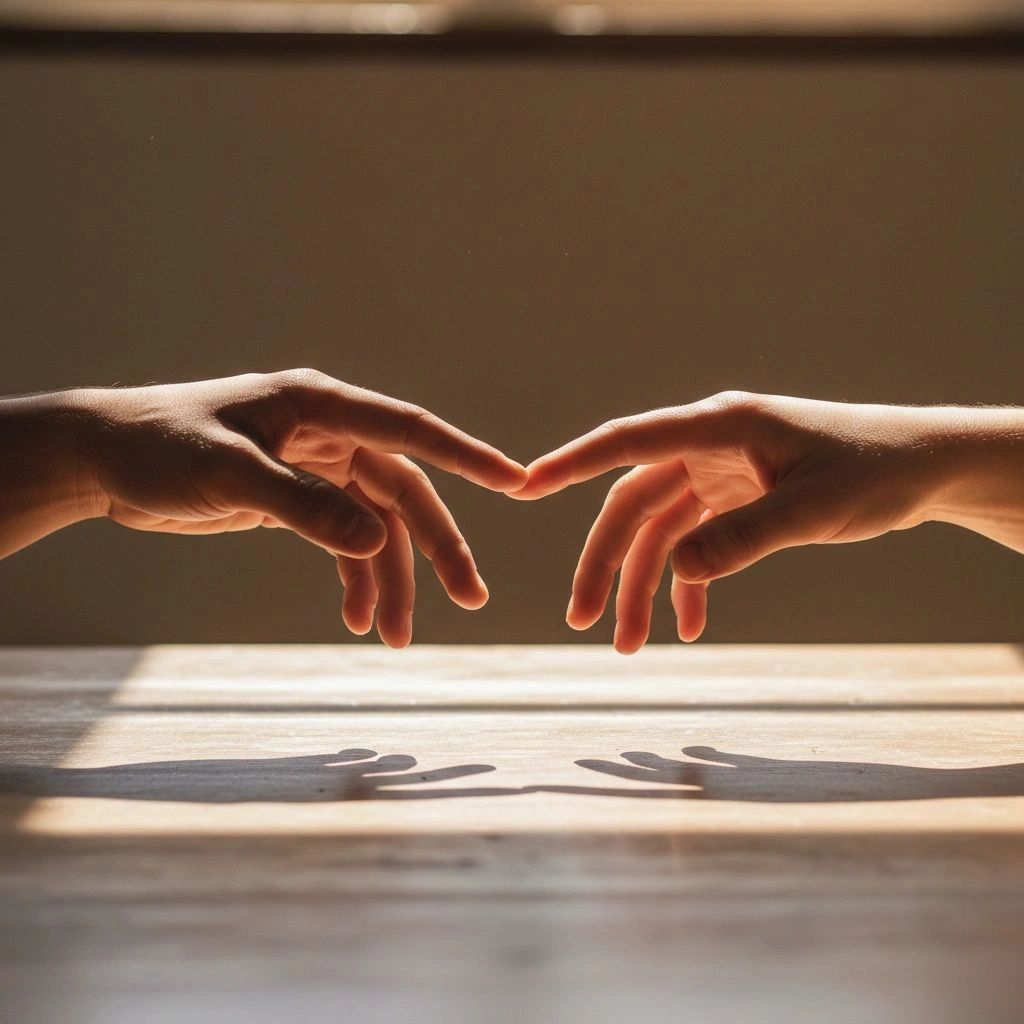 Hands reaching toward one another, representing connection